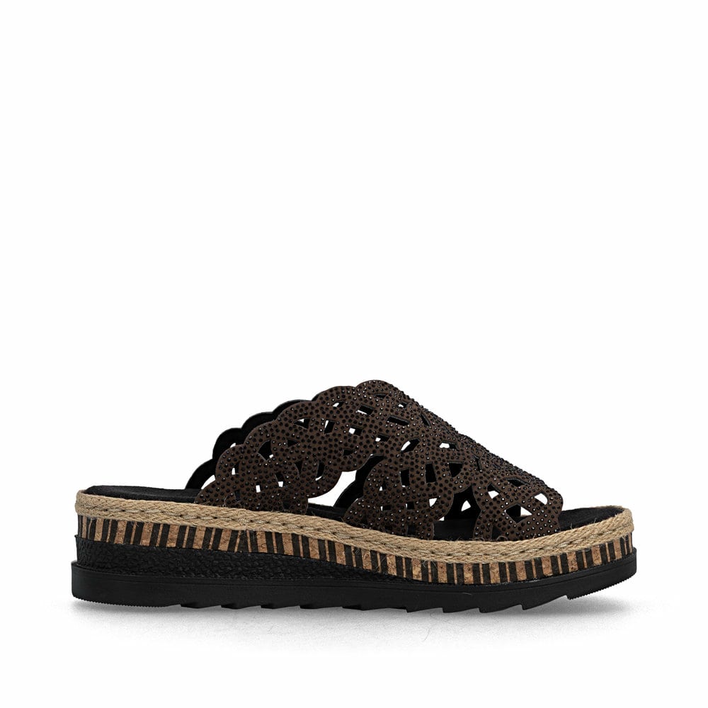 Dunkelbraune Rieker Damen Pantoletten V7992-24 mit Strasssteinen. Schuh Innenseite.