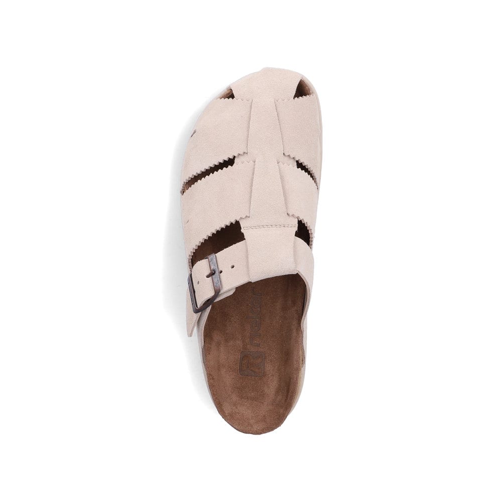 Mules Rieker beiges pour femme V3164-62 en cuir velours avec boucles. Chaussure vue de dessus.