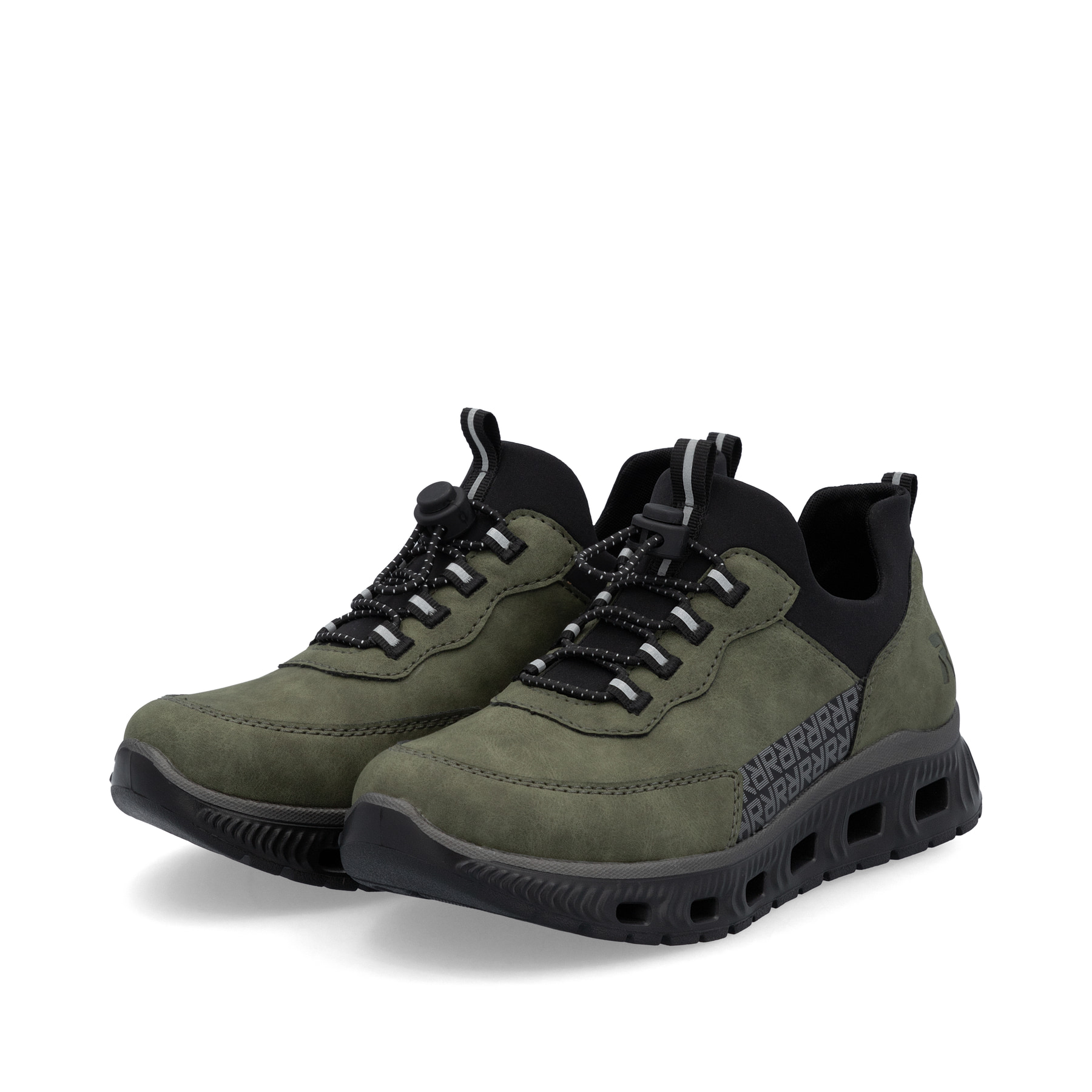 Dunkelgrün-schwarze Rieker Damen Sneaker Low M6058-54 mit einem Gummizug. Schuhpaar seitlich schräg.