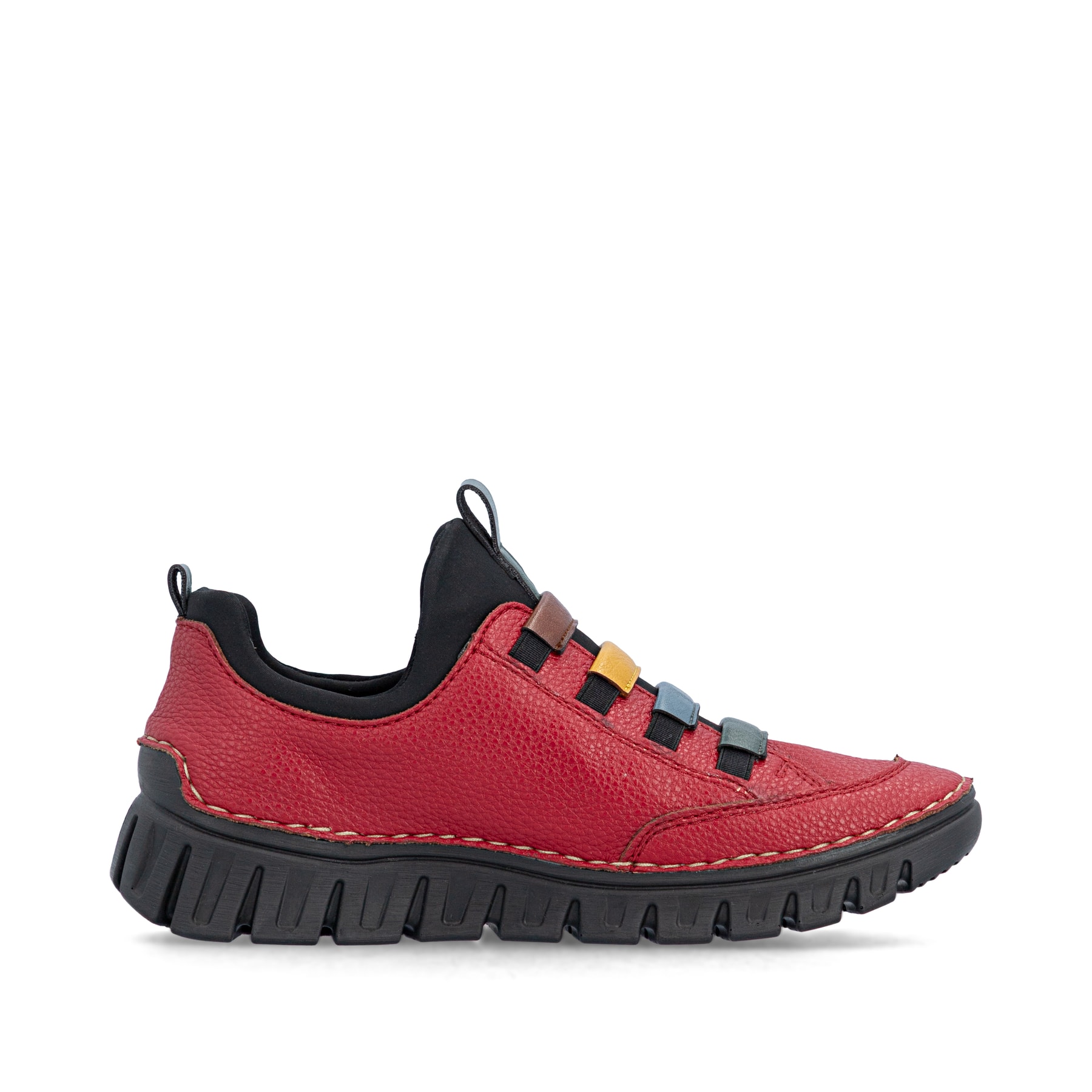 Rot-schwarze Rieker Damen Slipper 57550-33 mit einem Gummizug. Schuh Innenseite.