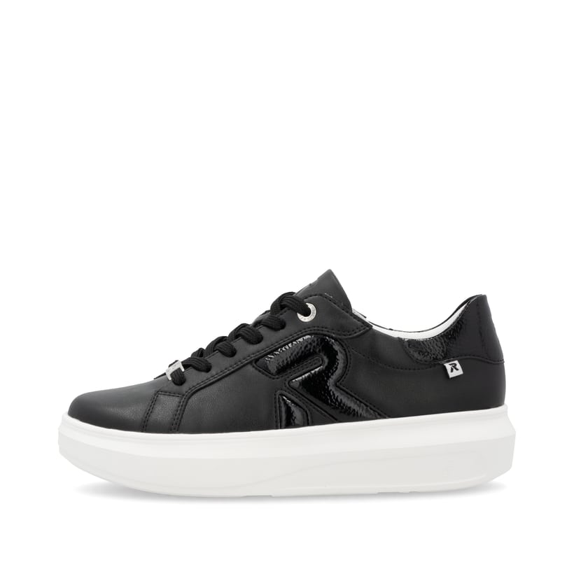 Schwarze Rieker Damen Sneaker Low W1204-01 mit einer Schnürung. Schuh Außenseite.