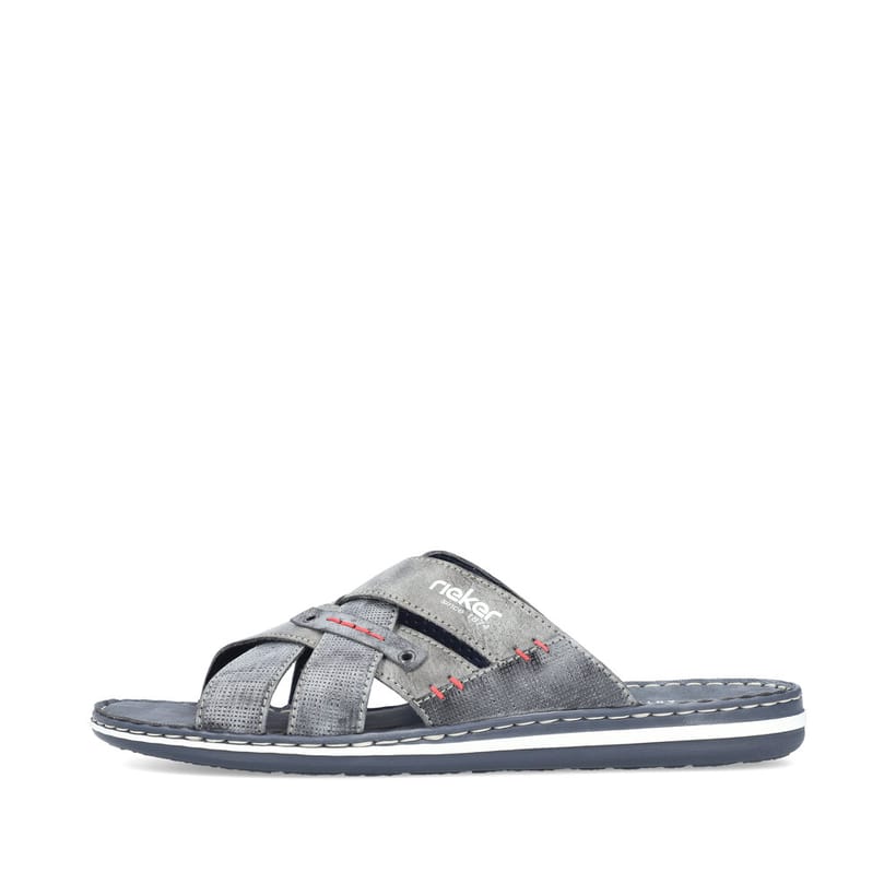 Mules Rieker bleues pour homme 21062-15 avec coutures modernes élégantes. Côté extérieur de la chaussure.
