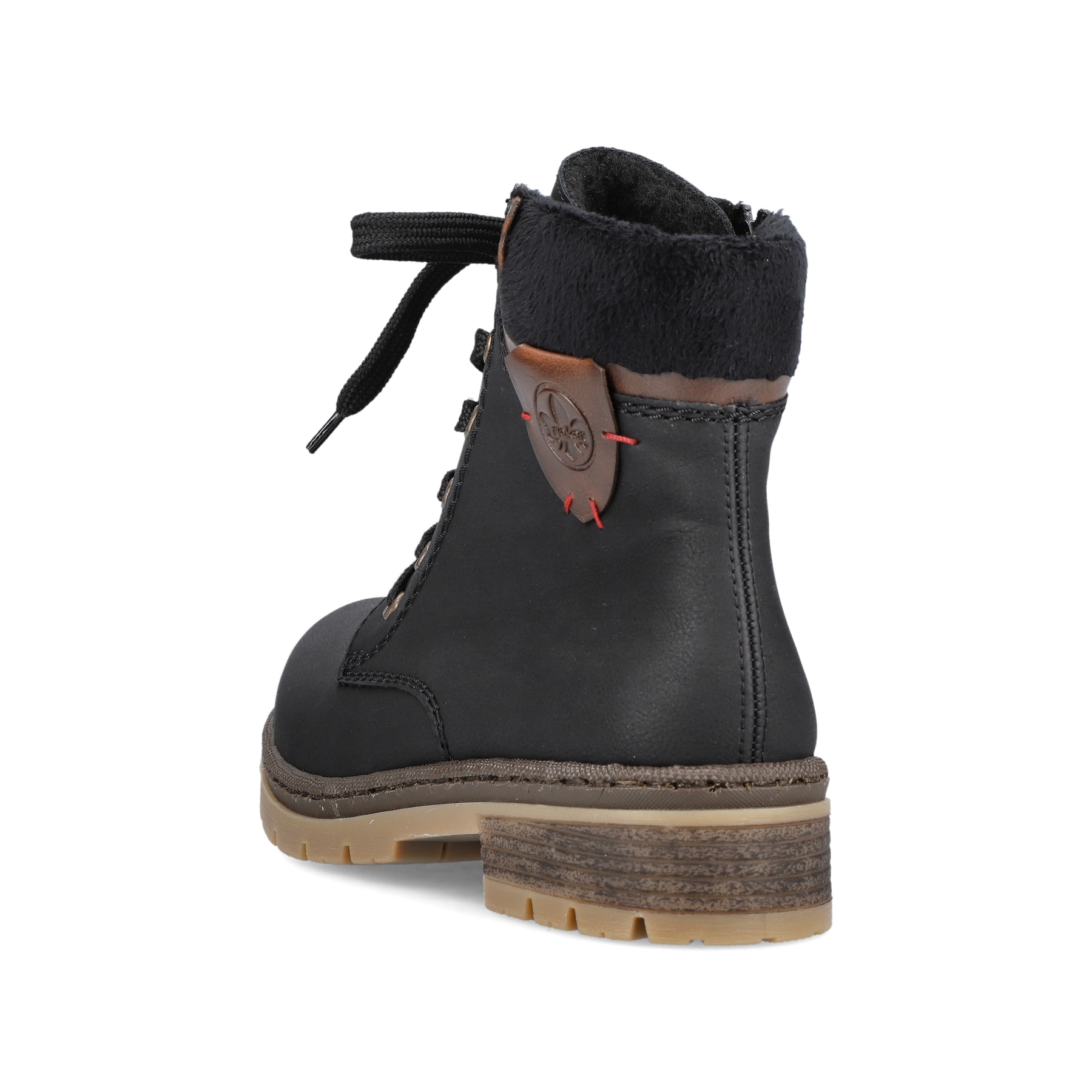 Graphitschwarze Rieker Damen Schnürstiefel Y7418-00 mit einer robusten Profilsohle. Schuh von hinten