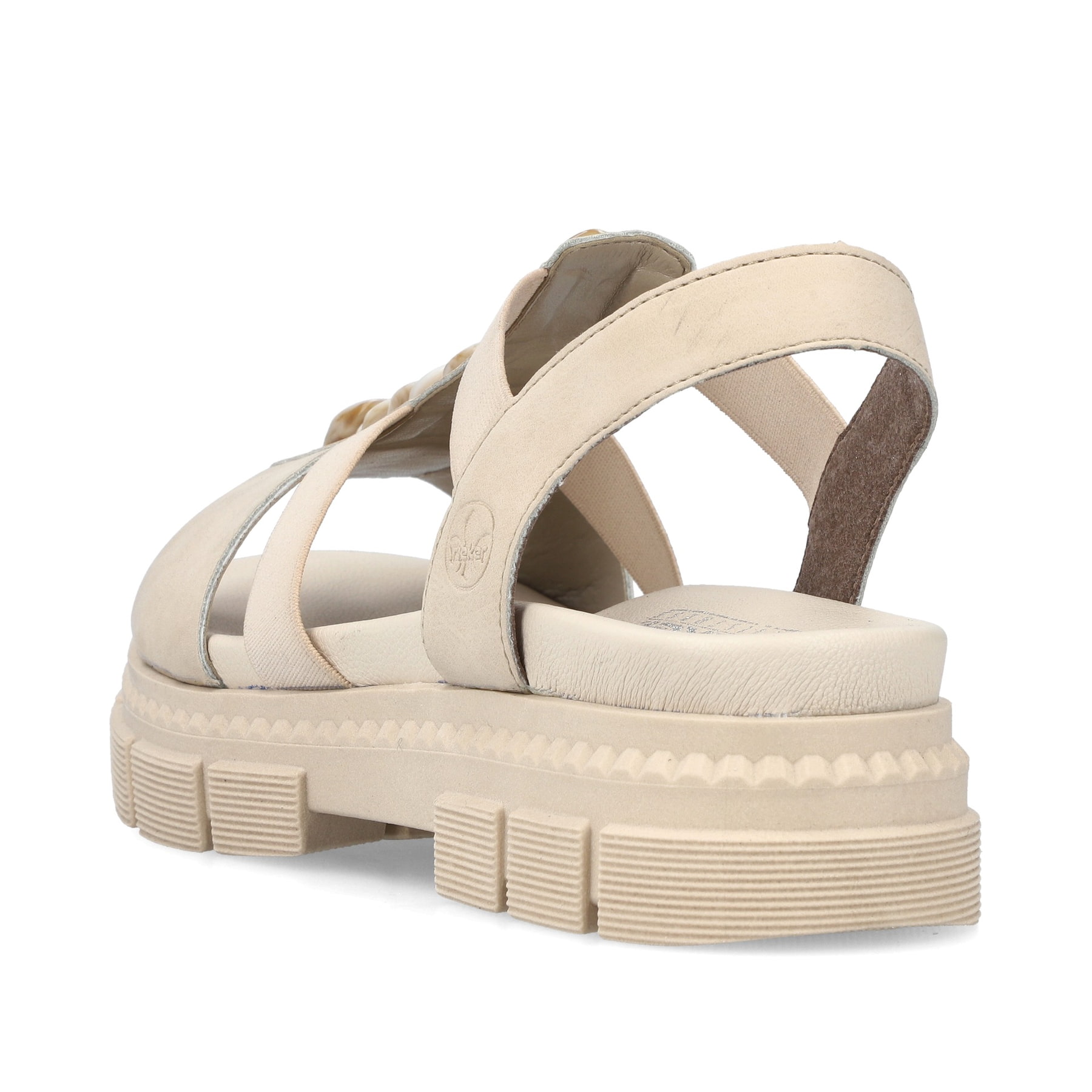 
Hellbeige Rieker Damen Riemchensandalen V5350-60 mit einer leichten Profilsohle. Schuh von hinten