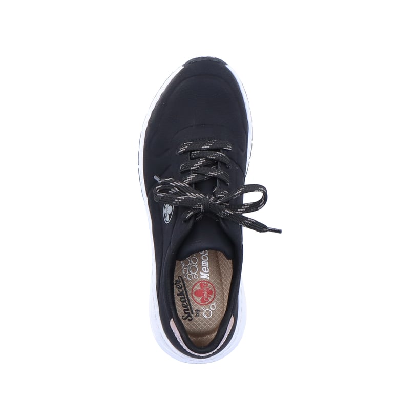 Schwarze Rieker Damen Sneaker Low M4903-01 mit Schnürung sowie der Extraweite H. Schuh von oben.