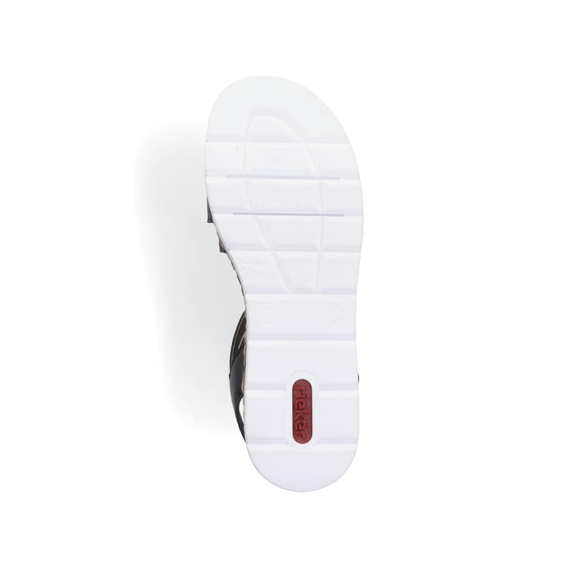 Schwarze Rieker Keilsandaletten V3964-01 mit einem Klettverschluss. Schuh Laufsohle.