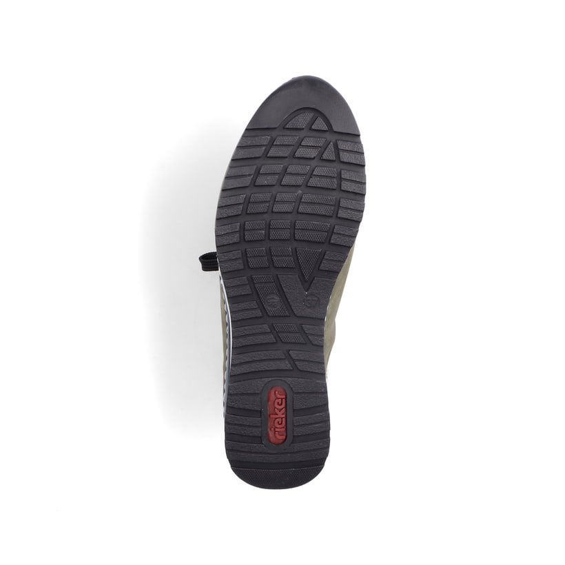 Khakigrüne Rieker Damen Slipper 54470-55 mit Elastikeinsatz sowie einer leichten Sohle. Schuh Laufsohle
