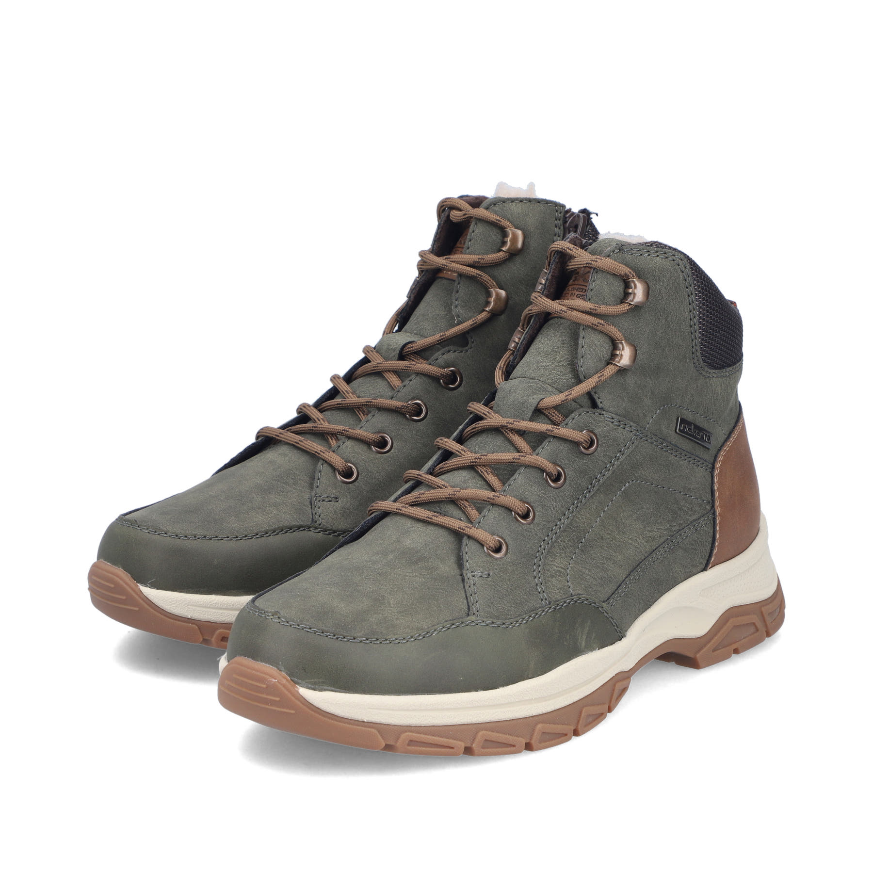 Dunkelgrün-schwarze Rieker Herren Schnürstiefel 30212-54 mit Reißverschluss. Schuhpaar seitlich schräg.