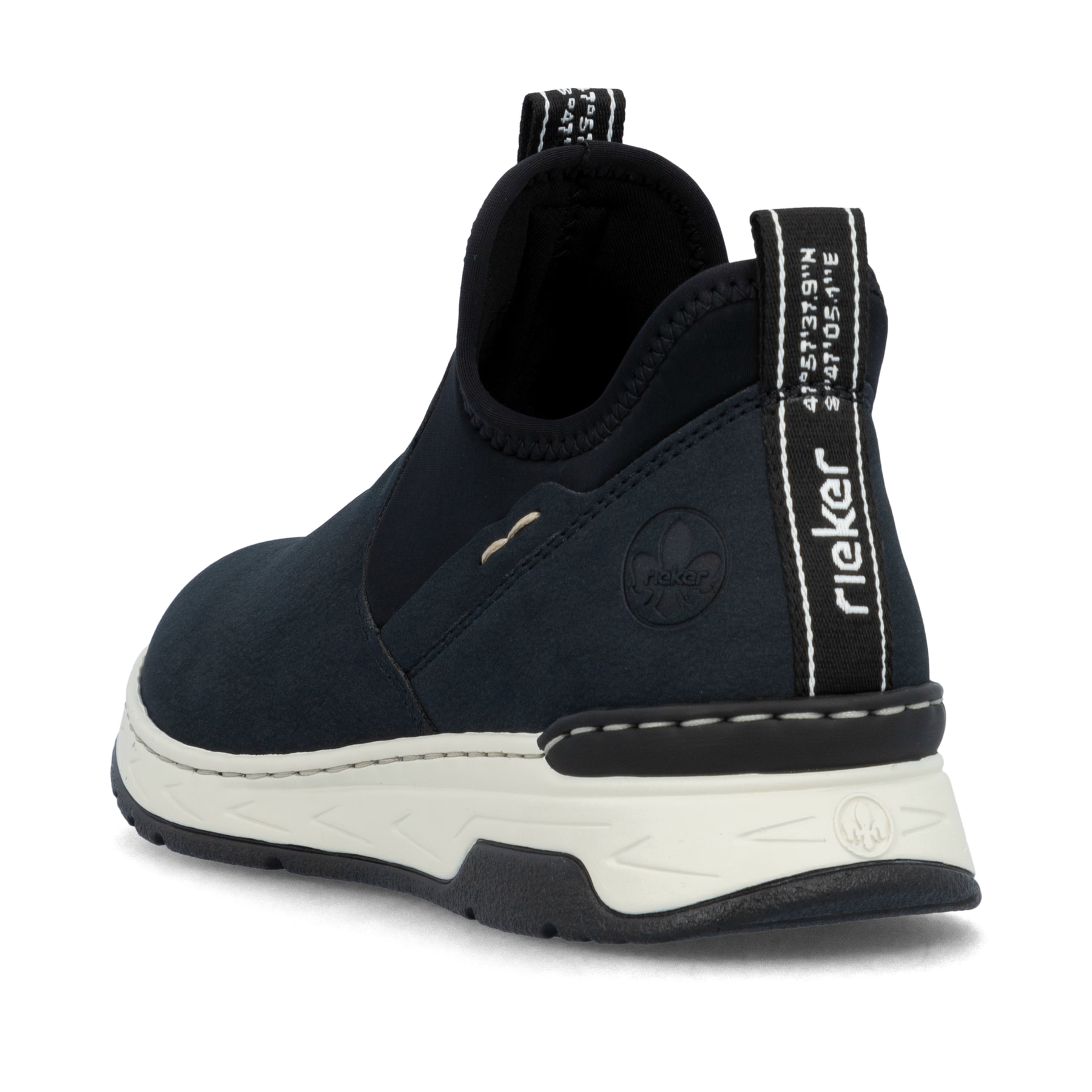 
Marineblaue Rieker Damen Slipper M0053-14 mit einer schockabsorbierenden Sohle. Schuh von hinten