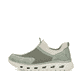 Grüne Rieker Damen Slipper M6077-52 mit einem Gummizug sowie der Komfortweite G. Schuh Außenseite.