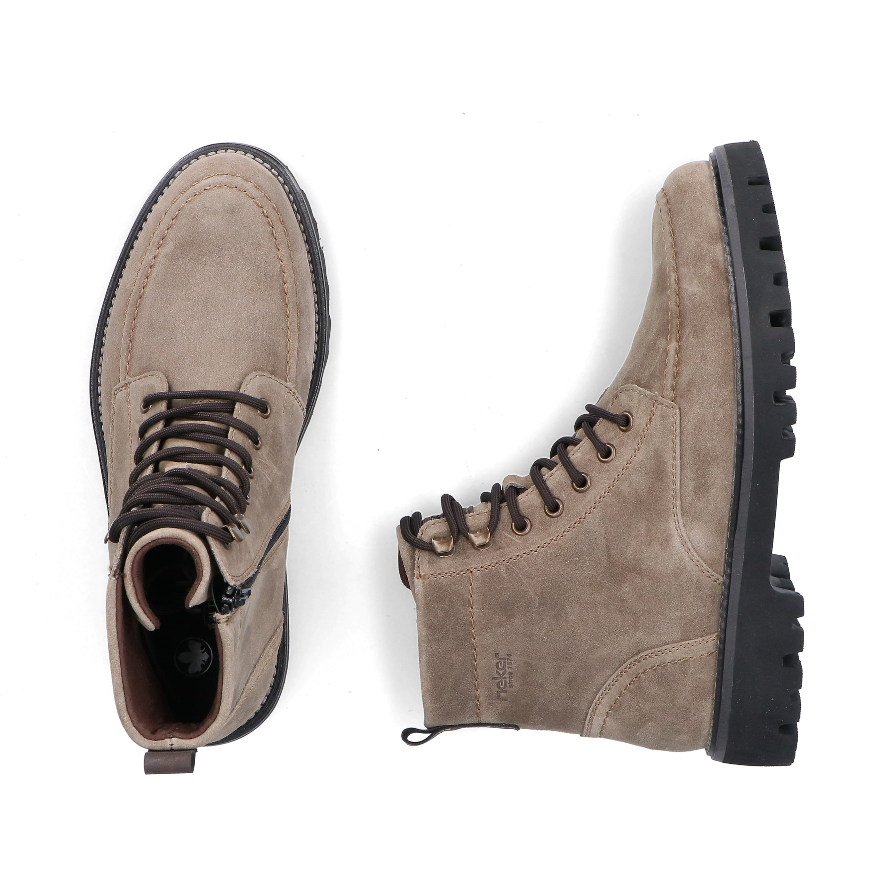 Hellbeige Rieker Herren Schnürstiefel 30414-64 aus Rauleder mit Bergsteiger-Ösen. Schuh von oben, liegend.
