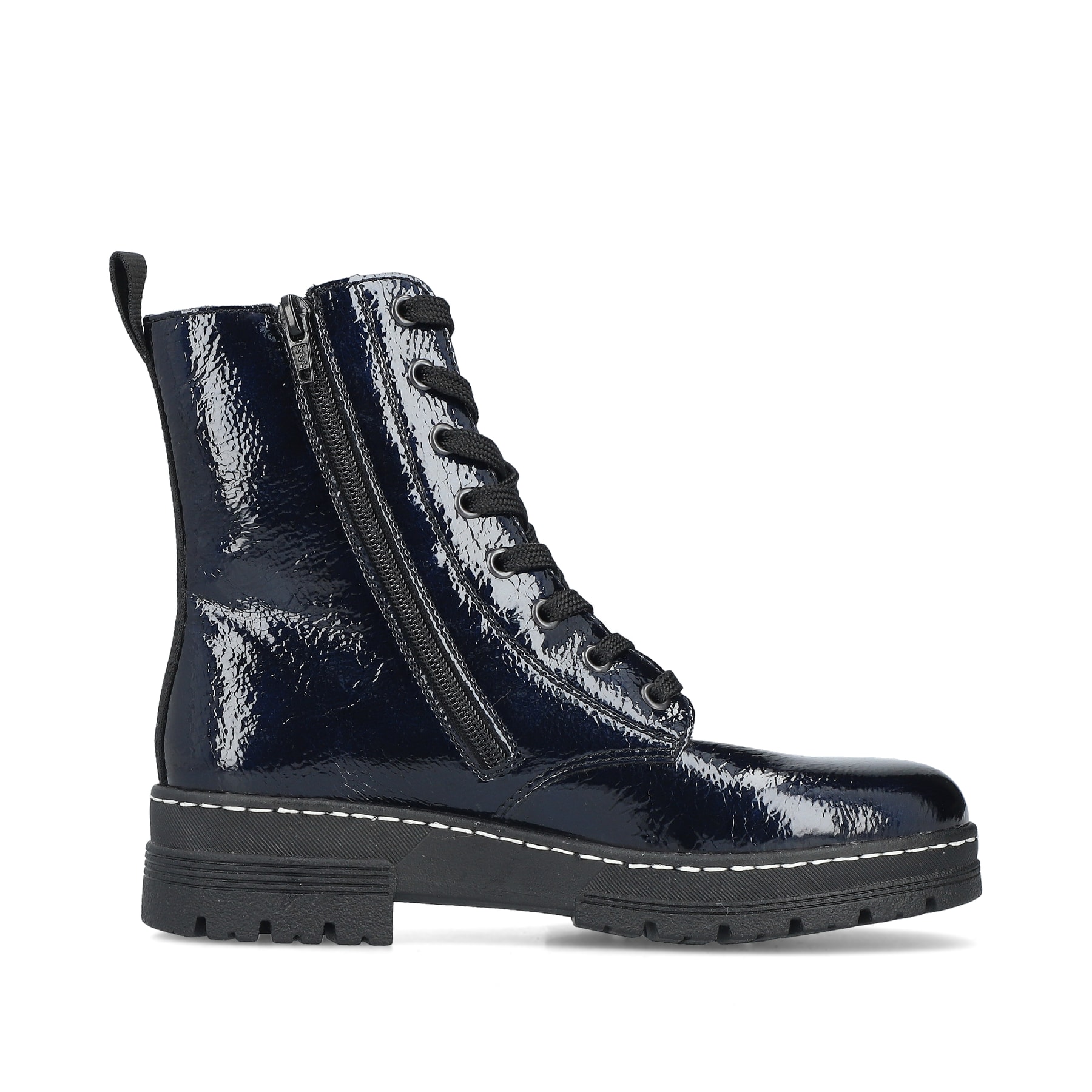 Dunkelblaue Rieker Damen Biker Boots 73821-14 mit einem Reißverschluss. Schuh Innenseite.