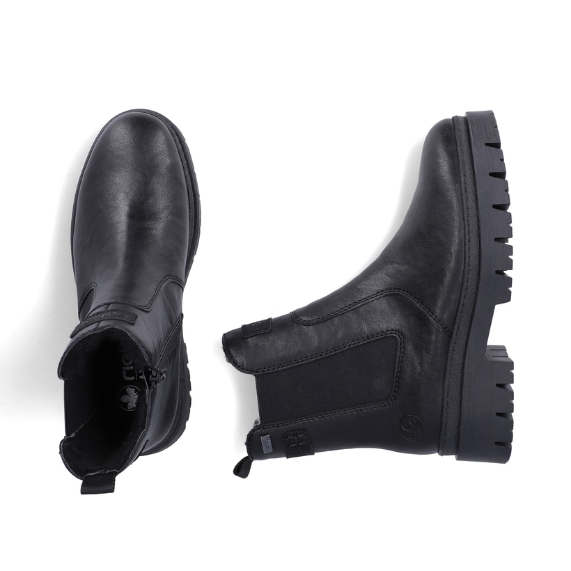 Schwarze Rieker Damen Chelsea Boots Z9460-00 mit wasserabweisender TEX-Membran. Schuh von oben, liegend.