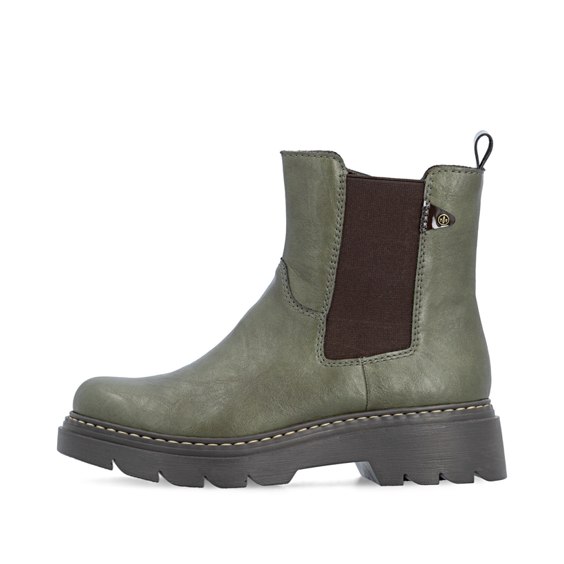 Dunkelgrüne Rieker Damen Chelsea Boots 76750-54 mit einem Reißverschluss. Schuh Außenseite.