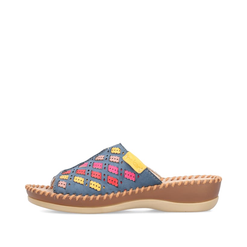 Meeresblaue Rieker Damen Pantoletten 61336-90 mit der Komfortweite G. Schuh Außenseite.