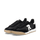 Schwarze Rieker Herren Sneaker Low U4000-00 mit Schnürung sowie abgesetztem Logo. Schuhpaar seitlich schräg.