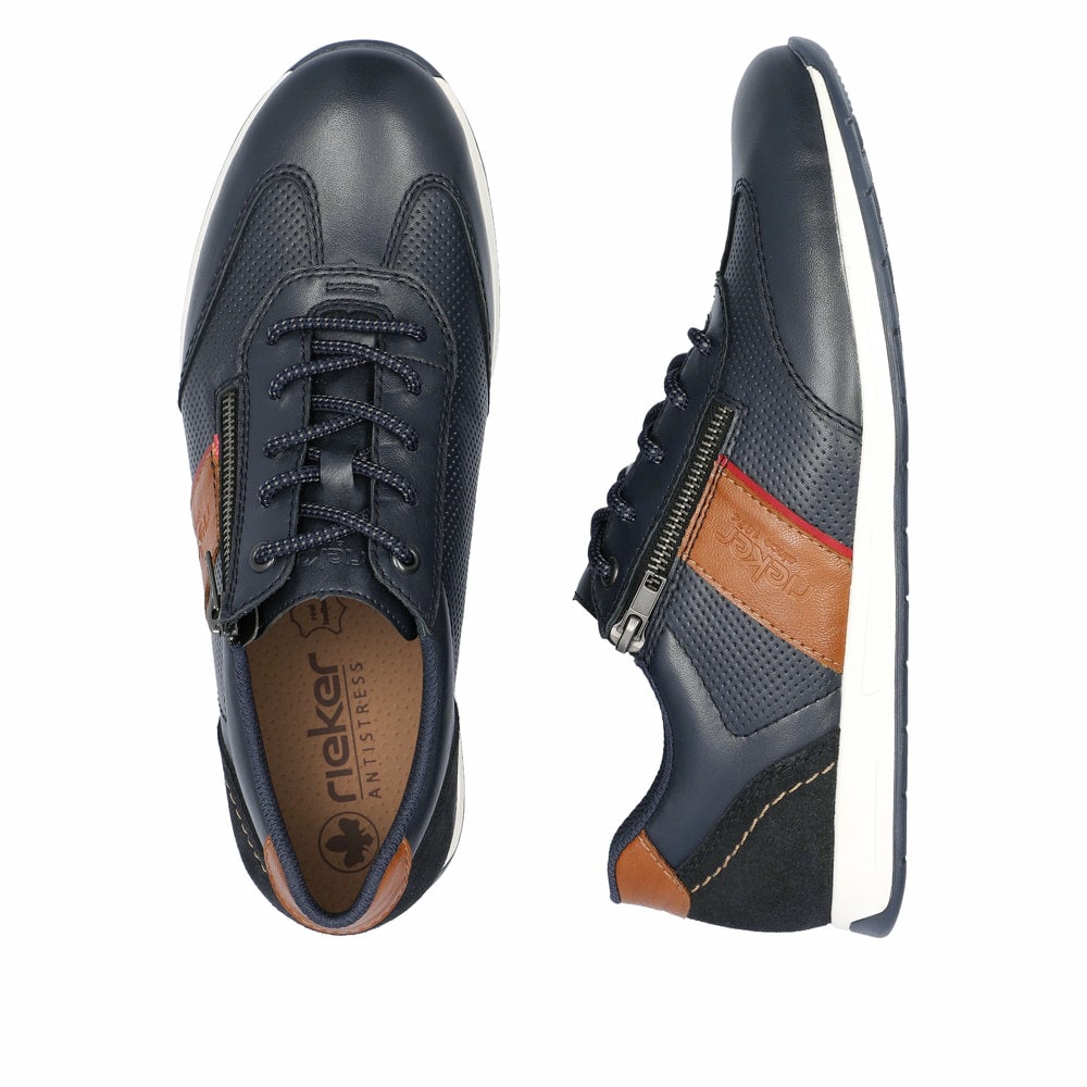 Blaue Rieker Herren Schnürschuhe 11927-14 mit einem Reißverschluss. Schuh von oben, liegend.