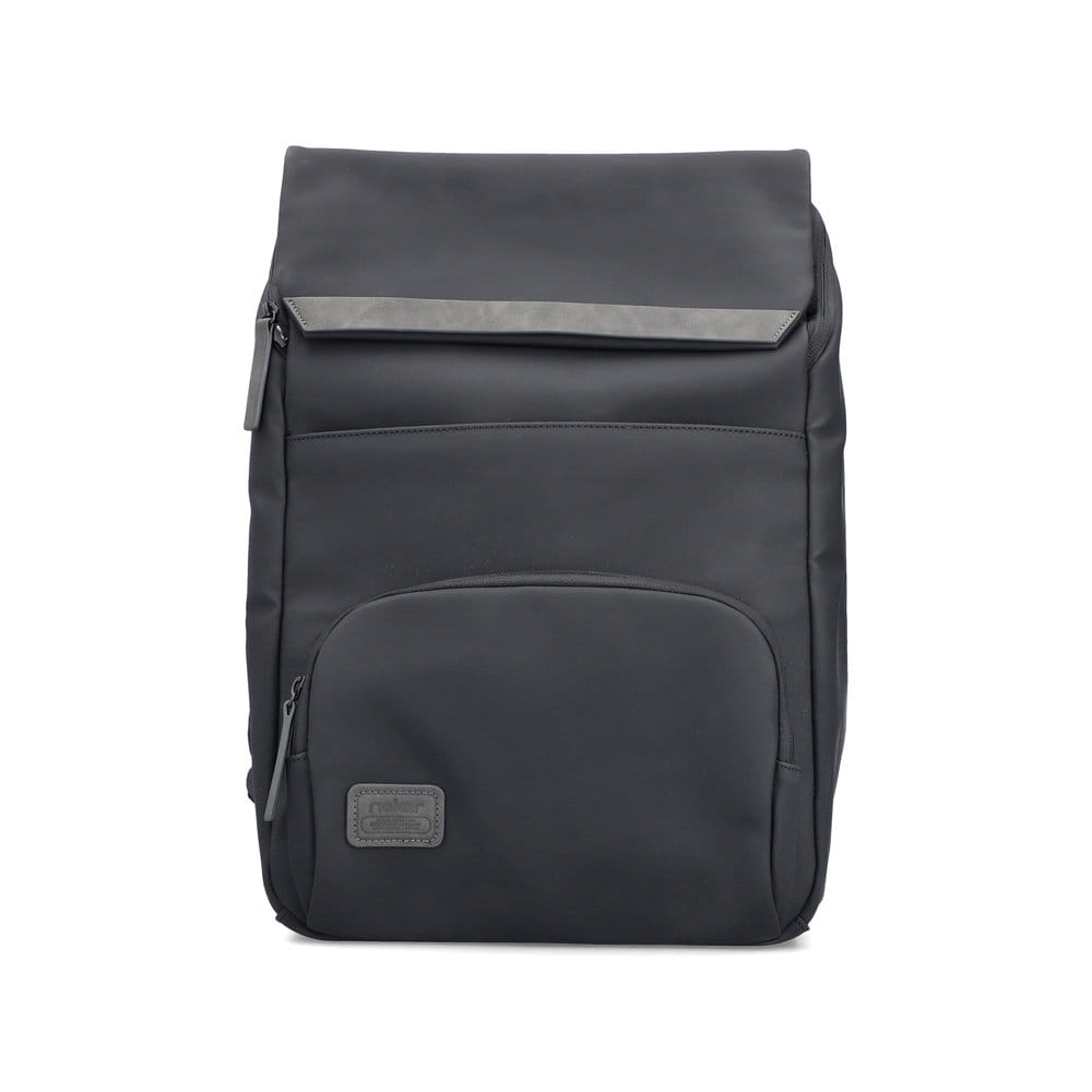 Sac Ã  dos Rieker H5102-01 noir avec rabat Ã  fermeture magnétique, compartiment rembourré pour ordinateur portable et bretelles ajustable. Devant.
