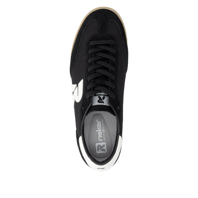 Schwarze Rieker Herren Sneaker Low U4000-00 mit Schnürung sowie abgesetztem Logo. Schuh von oben.