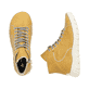 Ockerfarbene Rieker Damen Schnürstiefel 57501-68 mit modernen Ziernähten. Schuh von oben, liegend.