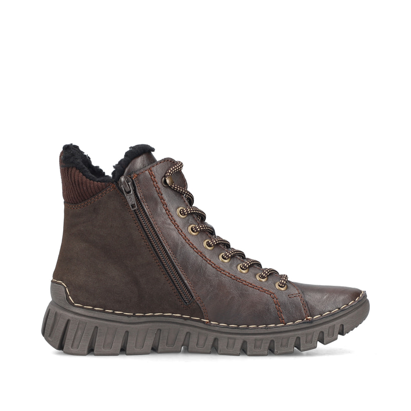 Dunkelbraune Rieker Damen Schnürstiefel 57512-25 mit einem Reißverschluss. Schuh Innenseite.