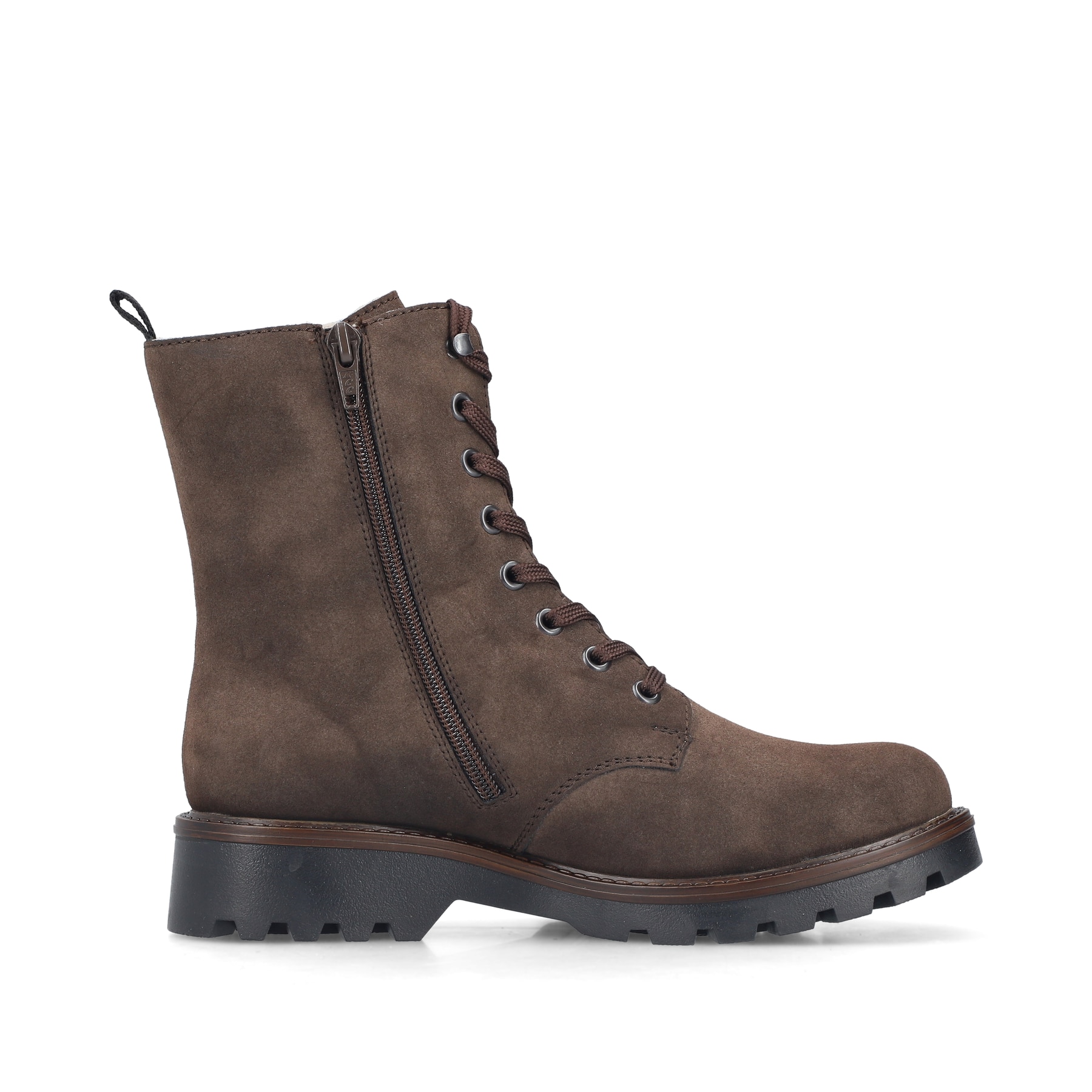 Braune Rieker Damen Biker Boots 73210-25 mit einem Reißverschluss. Schuh Innenseite.