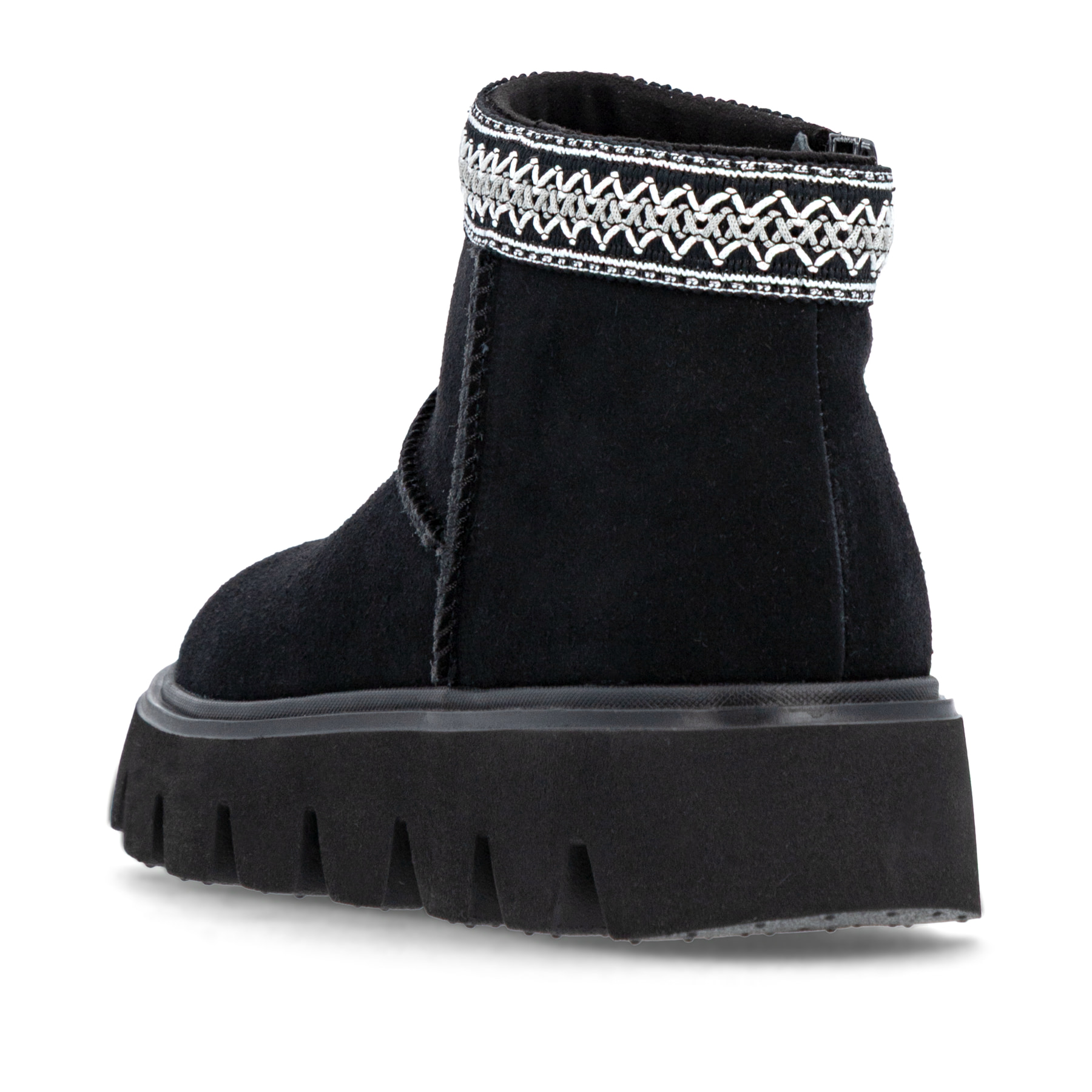 Schwarze Rieker Damen Kurzstiefel W2074-00 aus Rauleder mit Schaftkragen. Schuh von hinten.