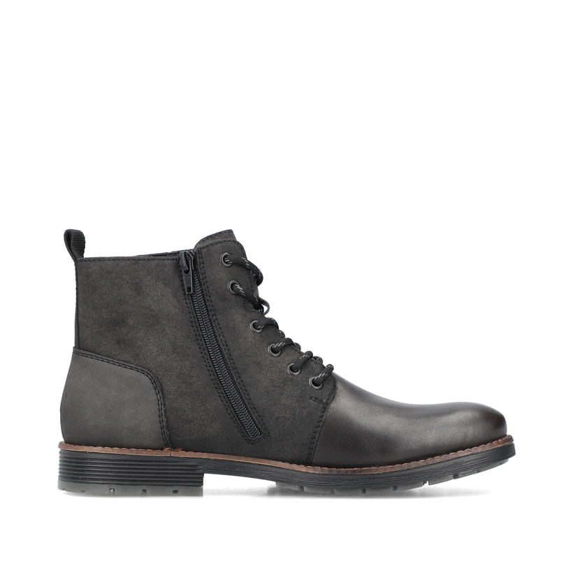 Bottes à lacets Rieker noires foncées F4521-46 avec fermeture éclair. Côté intérieur de la chaussure.