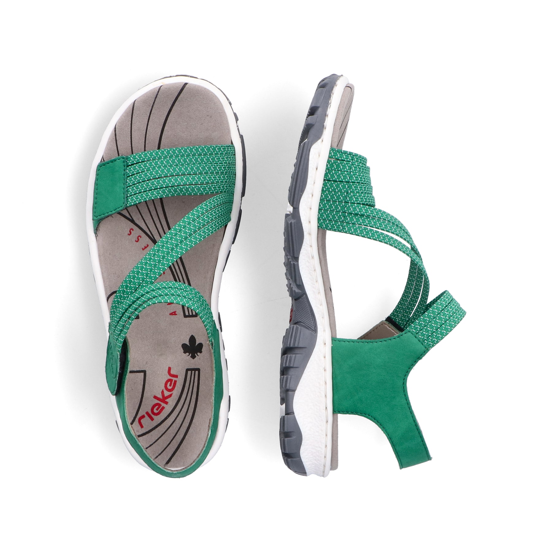 Grüne Rieker Damen Trekkingsandalen 68871-52 mit einem Klettverschluss. Schuh von oben, liegend.