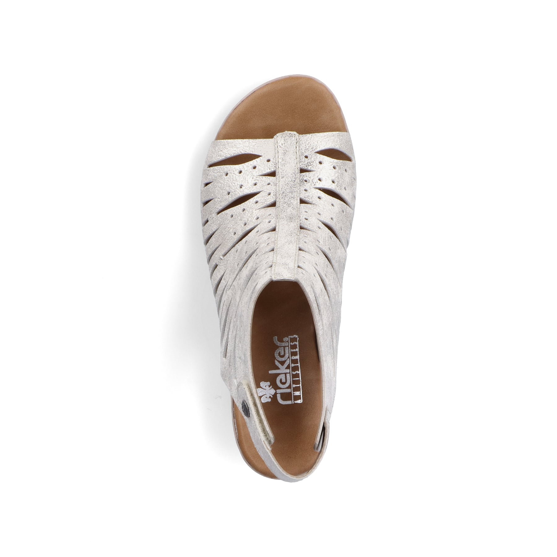 Beige Rieker Riemchensandaletten 64676-60 mit einem Klettverschluss. Schuh von oben.