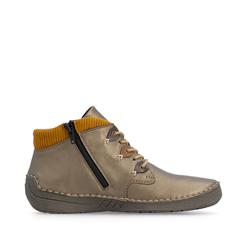 Bronzefarbene Rieker Damen Kurzstiefel 52544-90 mit einem Reißverschluss. Schuh Innenseite.