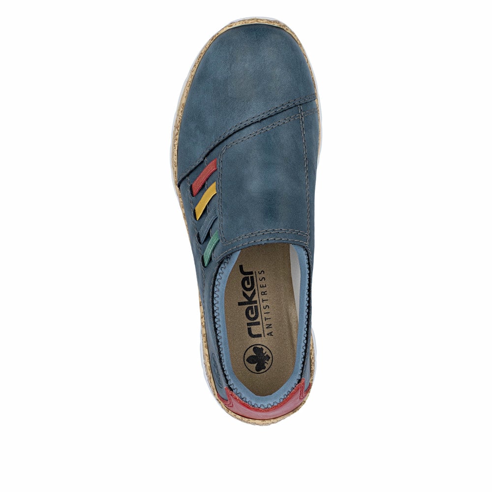 Blaue Rieker Damen Slipper N4264-14 mit einem Gummizug. Schuh von oben.