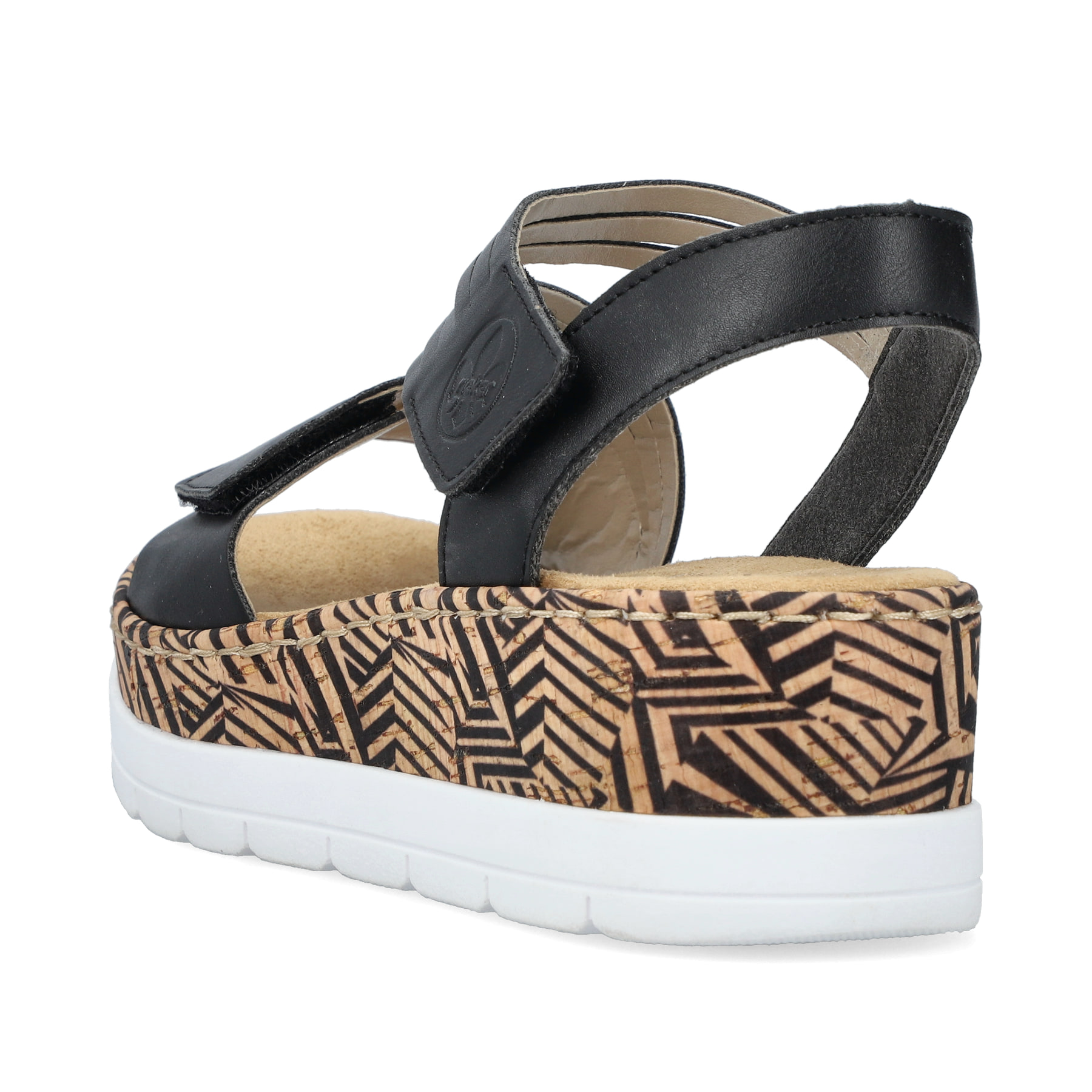 Schwarze Rieker Keilsandaletten V3964-01 mit einem Klettverschluss. Schuh von hinten.