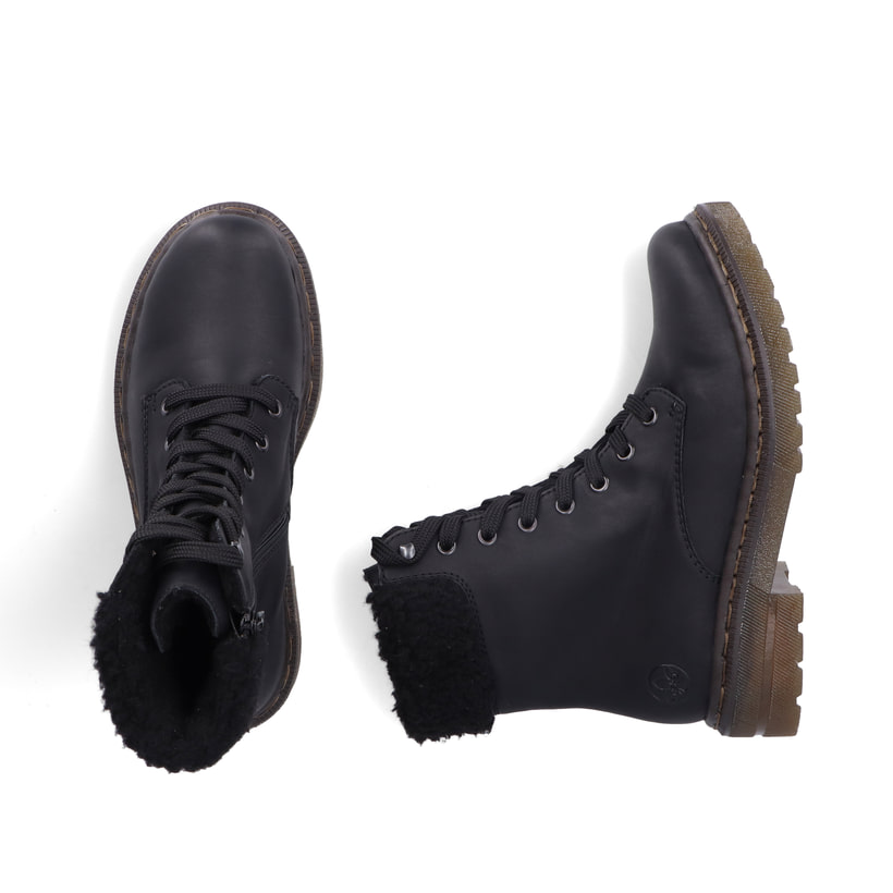 Schwarze Rieker Damen Schnürstiefel 78220-00 mit einem Reißverschluss. Schuh von oben, liegend.