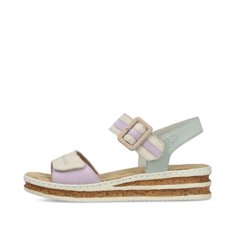 Mehrfarbige Rieker Keilsandaletten 62900-90 mit trendigen Schnalle. Schuh Außenseite.