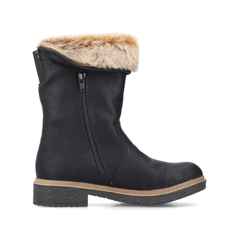 Schwarze Rieker Damen Kurzstiefel Z5054-00 mit Fellkragen sowie Reißverschluss. Schuh von hinten.