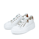 Schneeweiße Rieker Damen Sneaker Low N5452-80 mit einem Reißverschluss. Schuhpaar seitlich schräg.