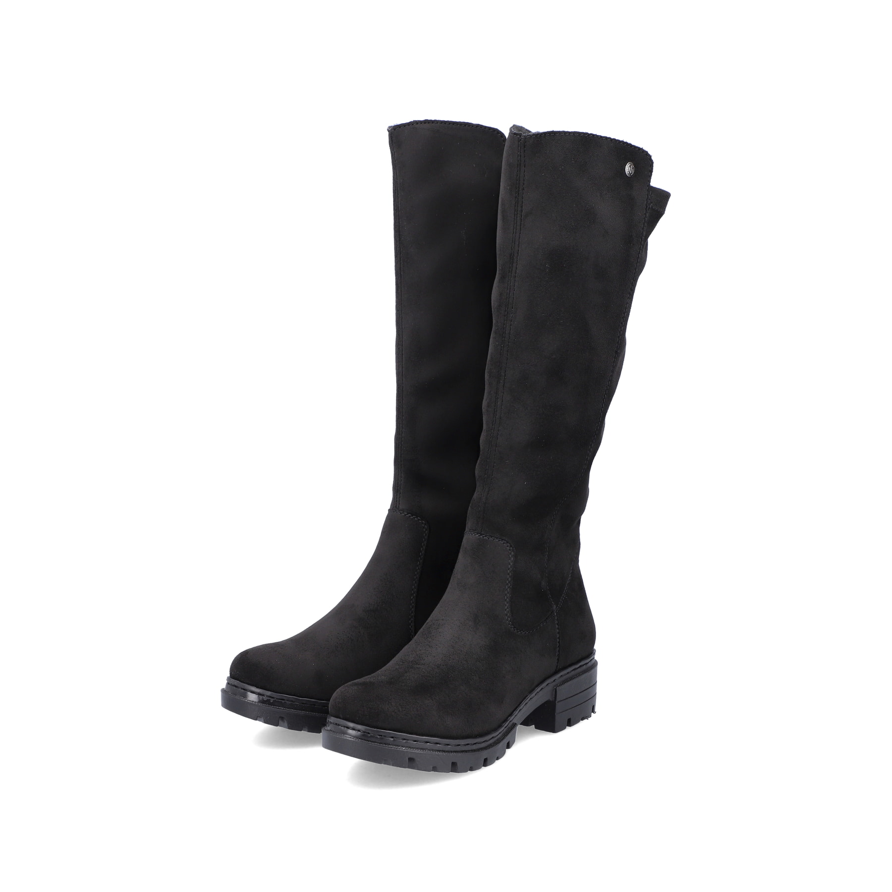 Schwarze Rieker Damen Hochschaftstiefel 76890-00 mit einem Reißverschluss. Schuhpaar seitlich schräg.