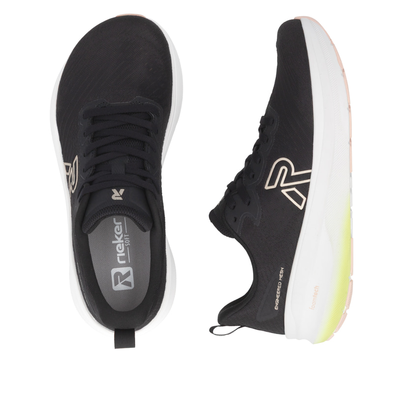 Schwarze Rieker Sport Damen Sneaker Low W4301-00. Schuh von oben, liegend.