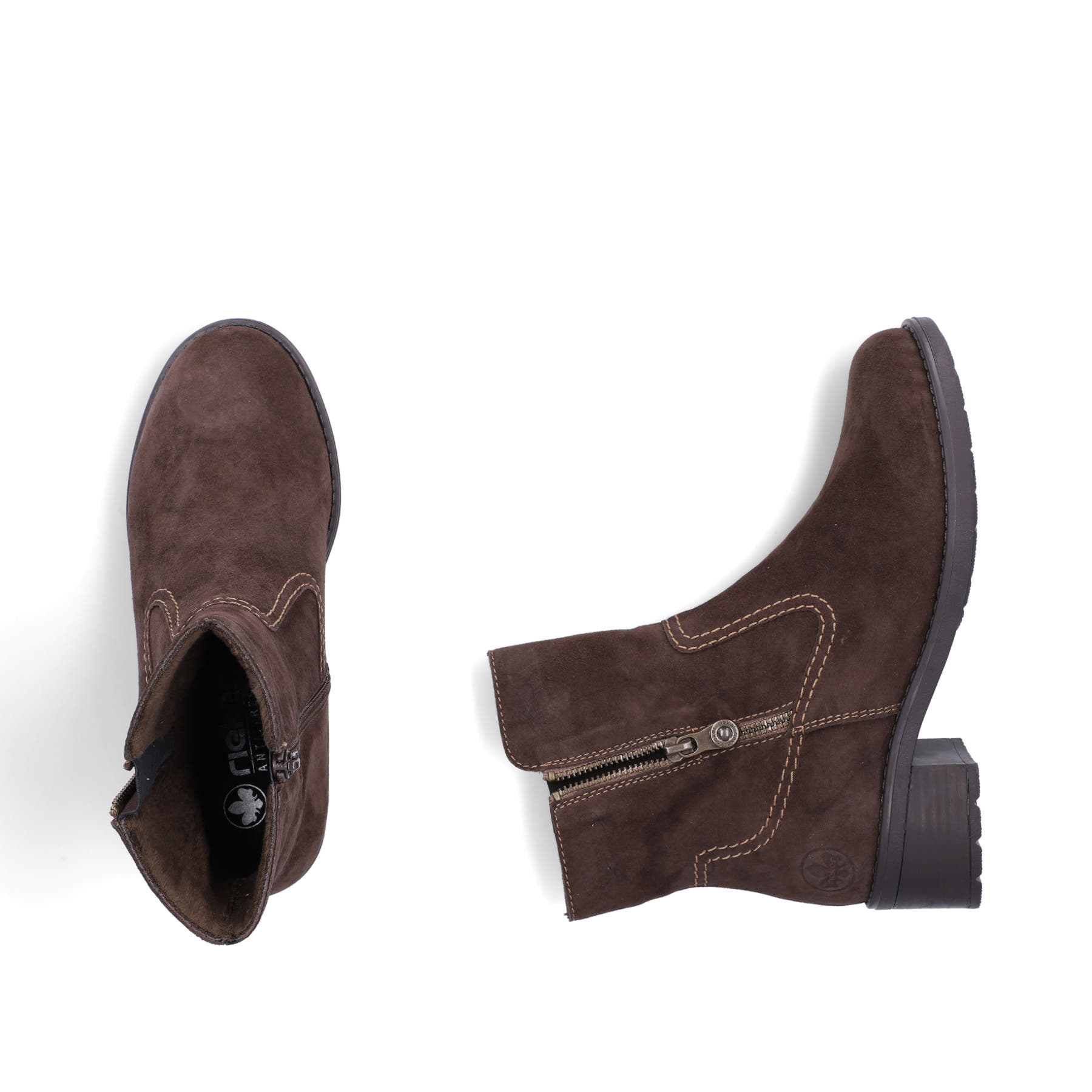 Dunkelbraune Rieker Damen Kurzstiefel 75460-24 aus Rauleder mit Reißverschluss. Schuh von oben, liegend.