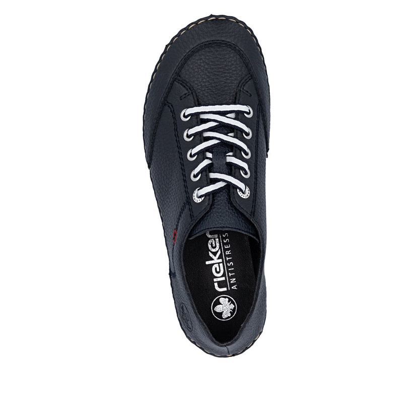 Blaue Rieker Damen Schnürschuhe 55901-14 aus Glattleder mit modernen Ziernähten. Schuh von oben.