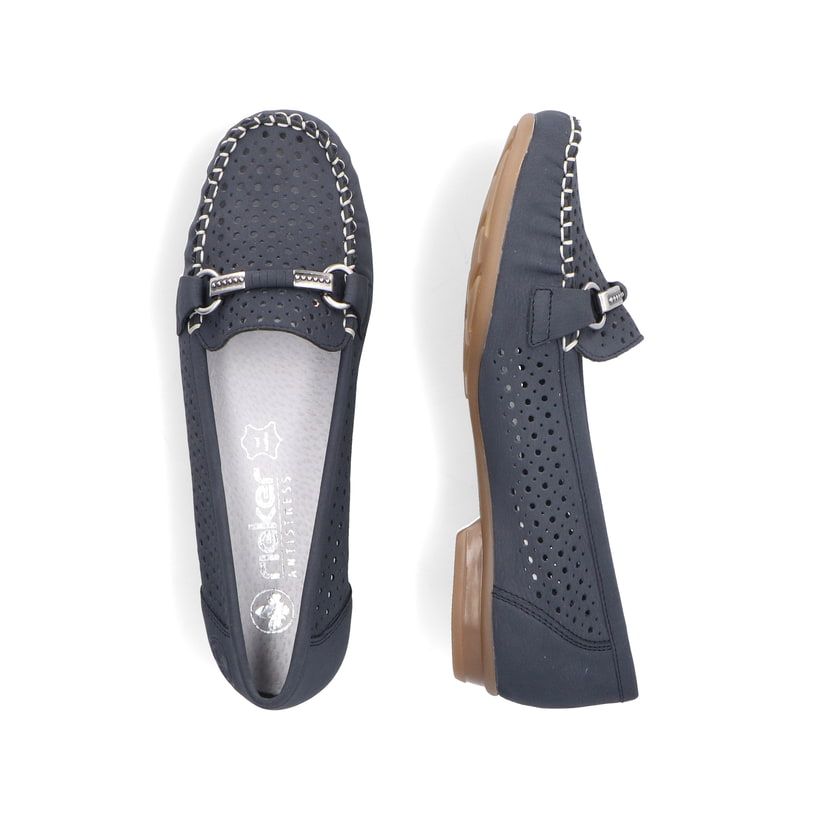 Blaue Rieker Damen Loafer 40065-15 mit der schmalen Passform E 1/2. Schuh von oben, liegend.