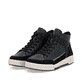 Schwarze Rieker Damen Sneaker High W0171-00 aus Glattleder mit Reißverschluss. Schuhpaar seitlich schräg.