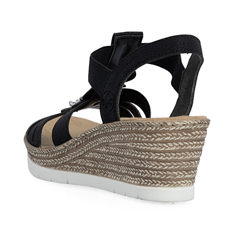 Schwarze Rieker Keilsandaletten 619B2-00 mit Schmuckelementen sowie Gummizug. Schuh von hinten.