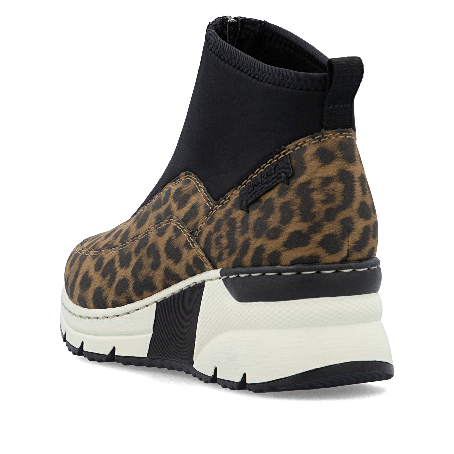 Braune Rieker Damen Sneaker High N6352-90 mit Leo-Print sowie Reißverschluss. Schuh von hinten.