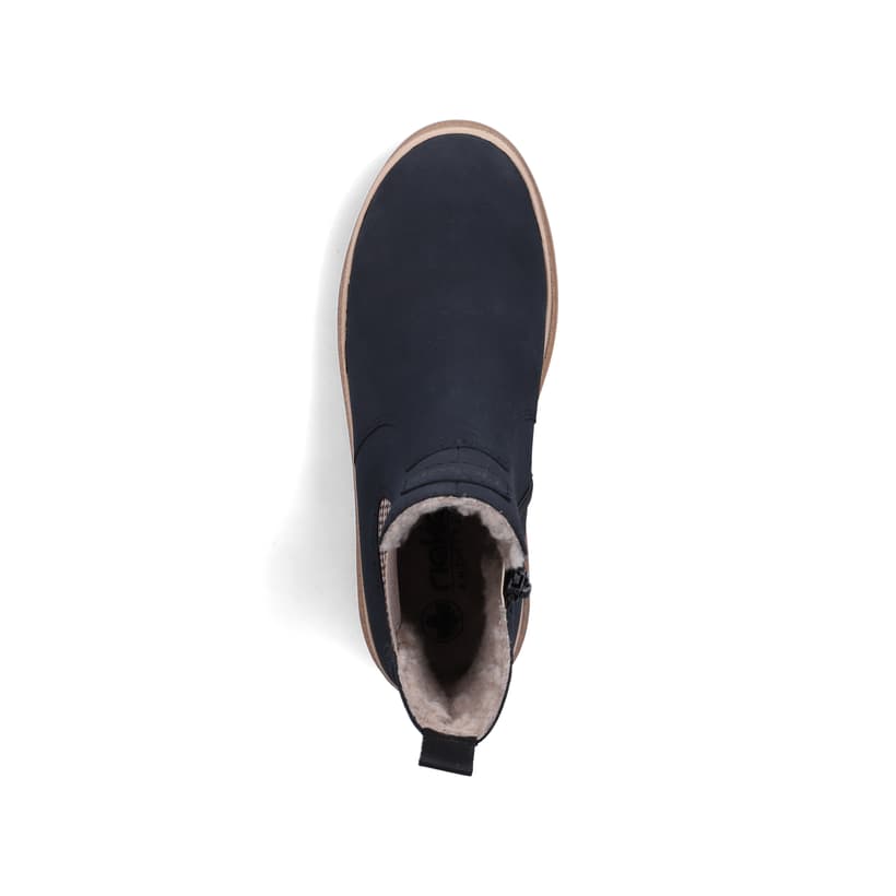 Dunkelblau-beige Rieker Damen Chelsea Boots Y6260-14 mit einem Reißverschluss. Schuh von oben.