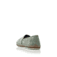 Grüne Rieker Damen Slipper M2270-53 mit handgestickten Nähten sowie Gummizug. Schuh von hinten.