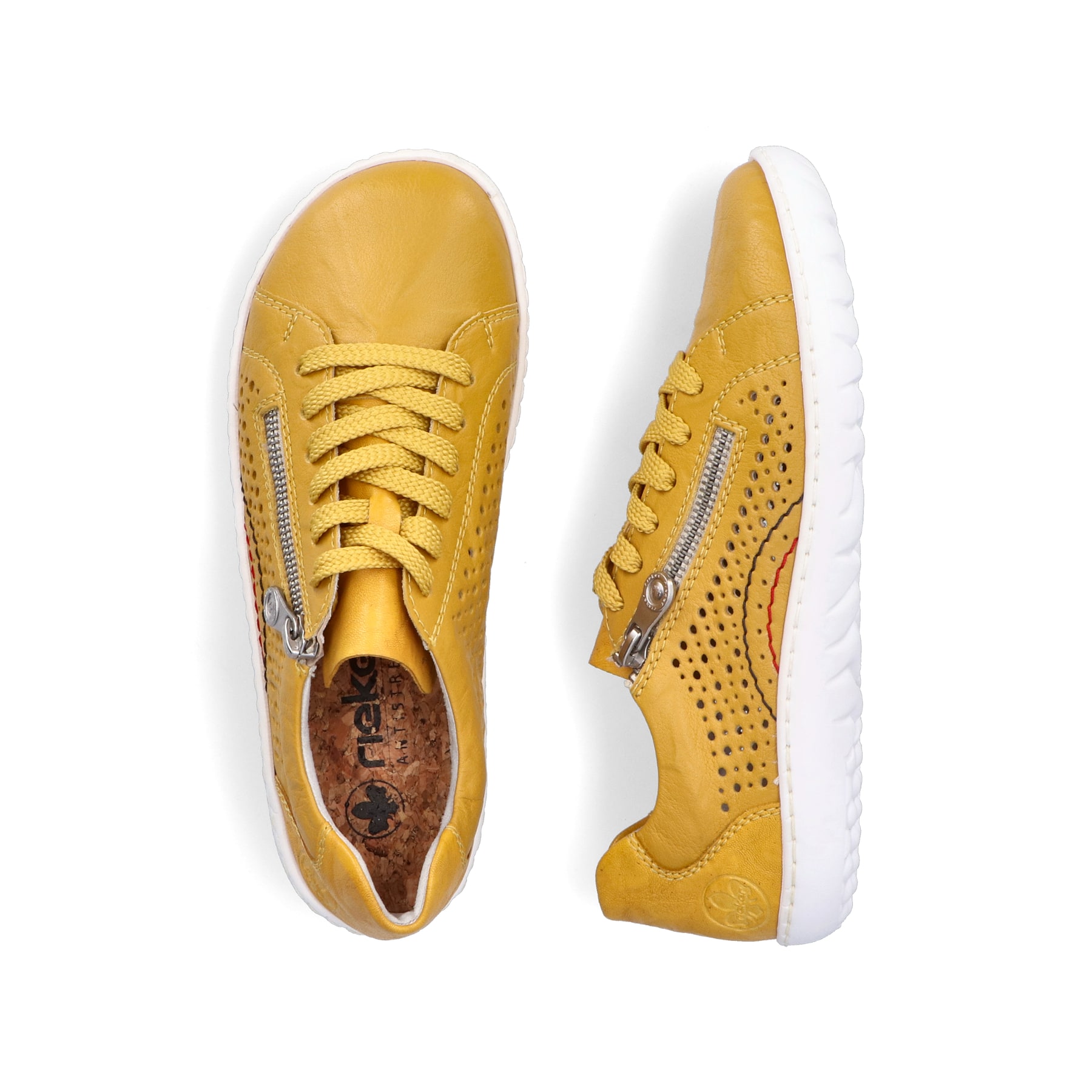 Gelbe Rieker Damen Schnürschuhe 52824-68, Barfußschuhe mit runden Ziernähten. Schuh von oben, liegend.
