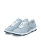 Blaue Rieker Damen Schnürschuhe 42424-10 mit runden Ziernähten. Schuhpaar seitlich schräg.
