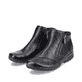 
Nachtschwarze Rieker Damen Slipper L4663-01 mit Reißverschluss sowie einer Profilsohle. Schuhpaar schräg.